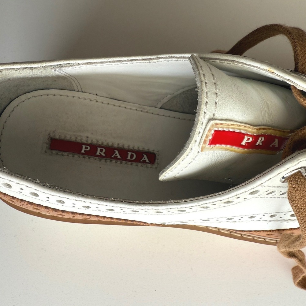 Prada Two Tone Perforated Leather Platform Brogues Brown White Shoes US size 7.5 - Picture 6 of 10
